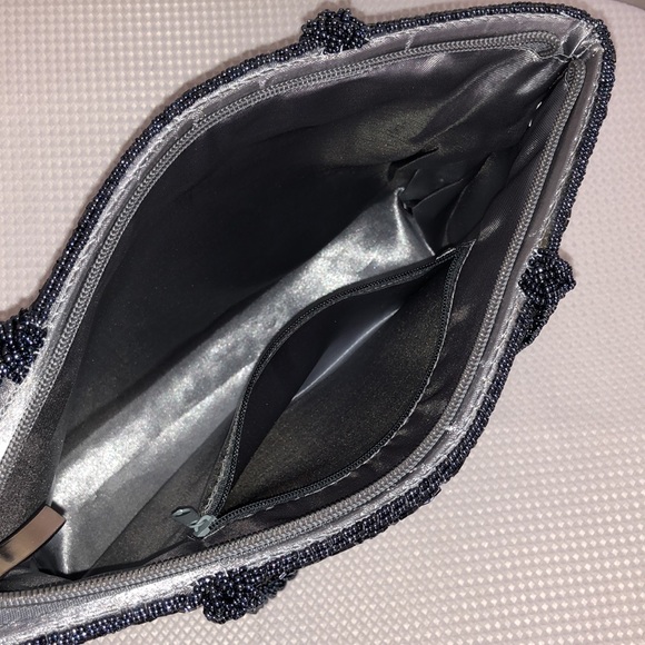 Silver Beaded Bag Braided Double Handle 3-D Floral Pattern Satin Lined 12”x8”x3” - Picture 11 of 17